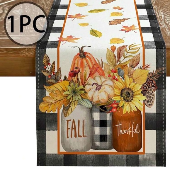 NWT- Fall Thankful Mason Jars- Fall 🍁🌻 Plaid Table Runner 72x13 🍁🍂 - Picture 3 of 5